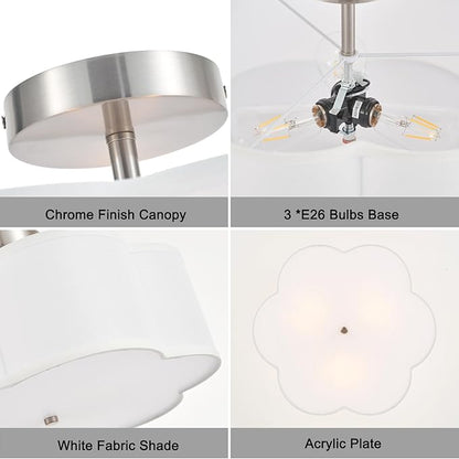 18" Modern Semi Flush Mount Ceiling Light Modern 3-Lights Linen Drum Ceiling Lighting with Chrome Finish, Vintage Ceiling Light for Living Room, Kitchen, Basement, Laundry Room, Bedroom