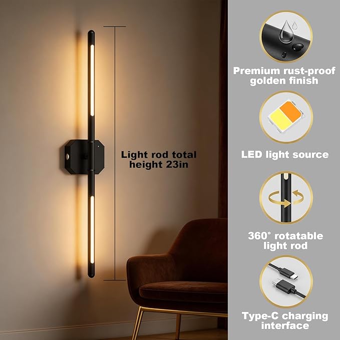 Rechargeable Wall Sconce Set of 2, 35Hrs+ Battery Operated Wall Lights, Wireless Wall Sconce with Remote, 360° Rotatable, Dimmable 3 Color LED Cordless Wall Sconce for Bedroom, Living Room, 23inBlack