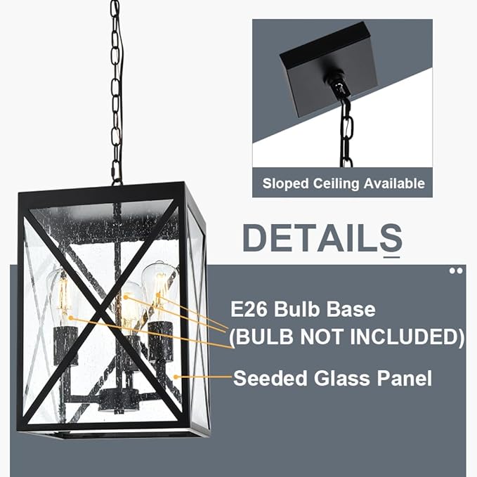 TODOLUZ Large Outdoor Pendant Light, Black Exterior Ceiling Porch Light with Seeded Glass Panel, Outdoor Chandelier Hanging Lantern for Garage Entryway Patio Front Door