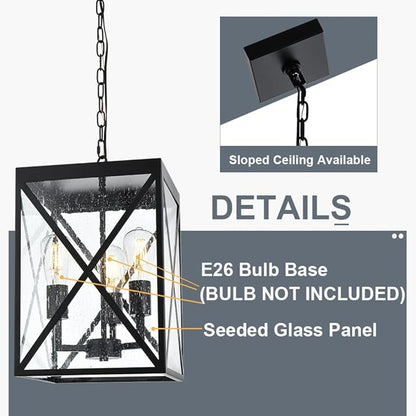 TODOLUZ Large Outdoor Pendant Light, Black Exterior Ceiling Porch Light with Seeded Glass Panel, Outdoor Chandelier Hanging Lantern for Garage Entryway Patio Front Door