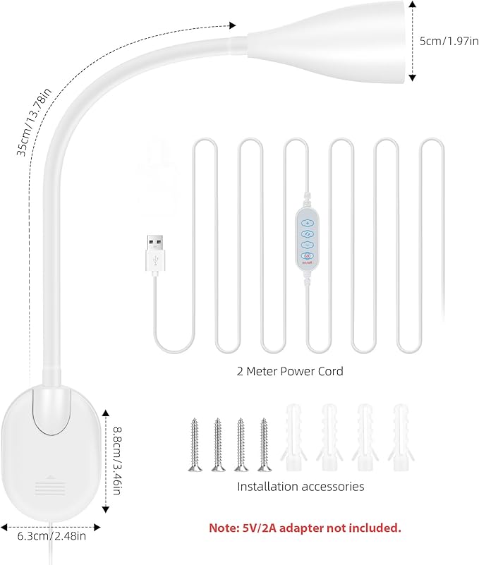 LiFMIRA Wall-Mounted LED Bedside Reading Light with USB Charging Port, 10-Level Dimmable & Adjustable 5 Color, Plug-in Adhesive Night Lamp for Books in Bed, Eye-Caring Bedroom Lighting (White)