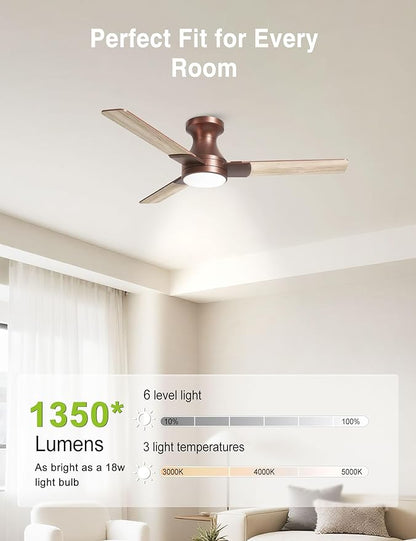 DAMINY 42 inch Ceiling Fans with Lights,3 Blades,6CCT, Low Profile Ceiling Fan with Light and Remote Control,Ceiling Fan for Bedroom, Kitchen,Indoor/Outdoor Use,Flush Mount-Brown