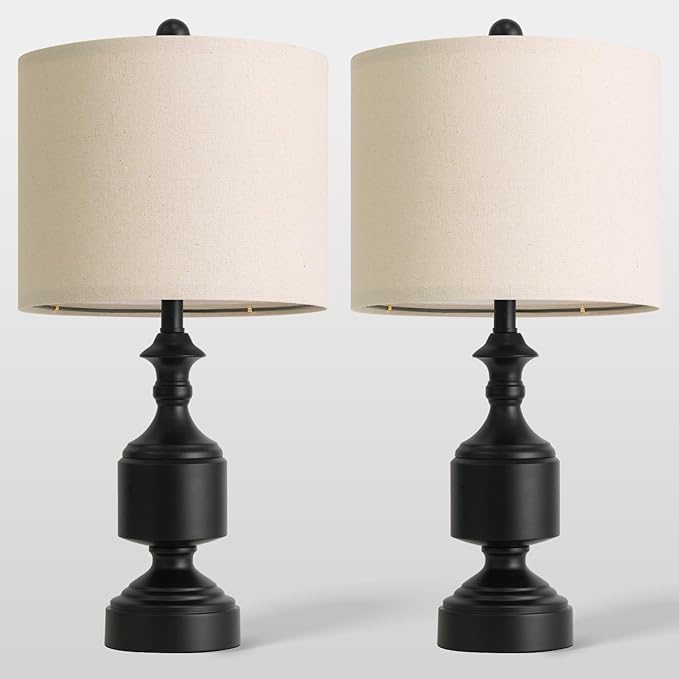 BOBOMOMO Black Lamps Set of 2-20.5" Farmhouse Metal Table Lamps for Living Room, Traditional Bedside Lamps for Nightstand with Linen Shade, Ideal for Small Spaces, Entryway Console Lamps
