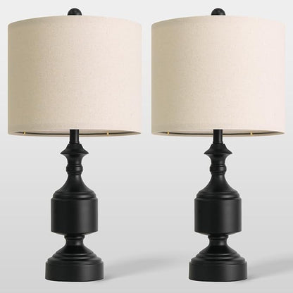 BOBOMOMO Black Lamps Set of 2-20.5" Farmhouse Metal Table Lamps for Living Room, Traditional Bedside Lamps for Nightstand with Linen Shade, Ideal for Small Spaces, Entryway Console Lamps