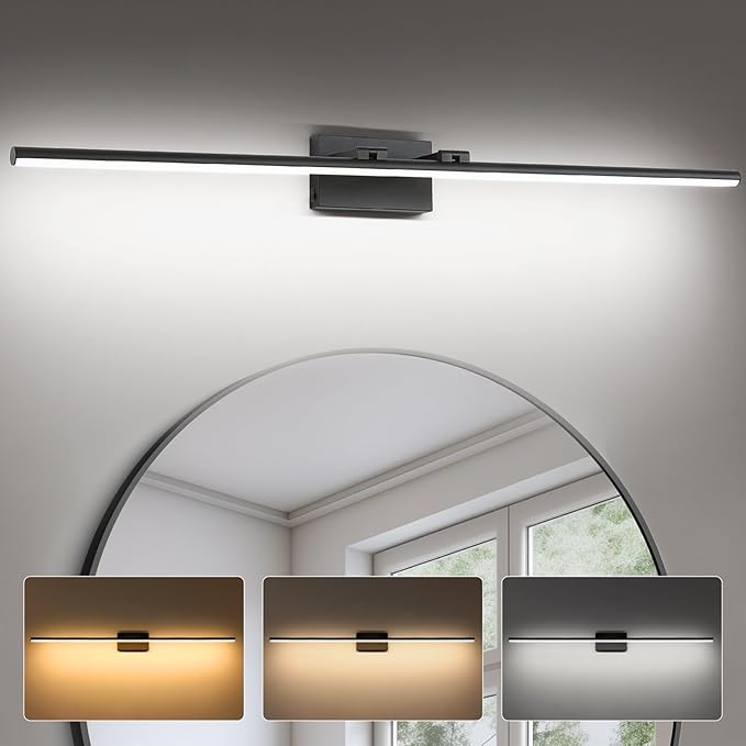 LED Bathroom Vanity Light, Modern Bathroom Light Fixture Over Mirror (3000K/4000K/6000K, Dimmable), Vanity Light Bar with Angle Adjustable, 48 Inch, Black