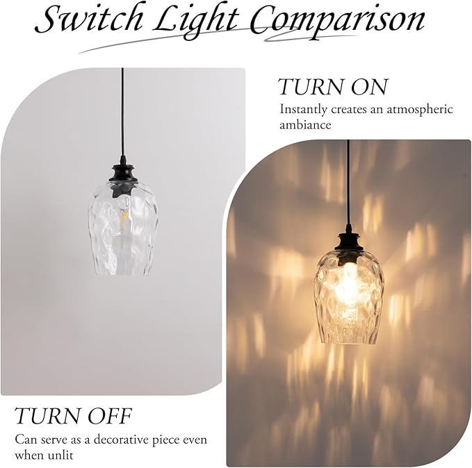 Modern Plug in Pendant Light with Dimmable Switch E26 Clear Rippled Glass Shade Hanging Lights with 16.4 Ft CordPlug in Hanging Lamp for Kitchen Island Bedroom Living Room （Bulb not Included）
