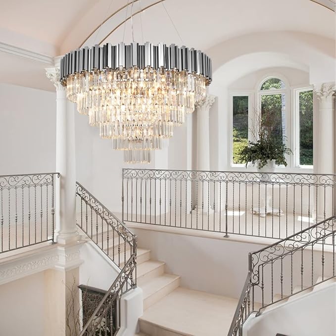 Chrome Crystal Chandelier Modern 17 Light High Ceiling Chandelier for Living Room Foyer Hall Luxury 6 Tier Crystal Light Fixture Entry Staircase Large 35.4"
