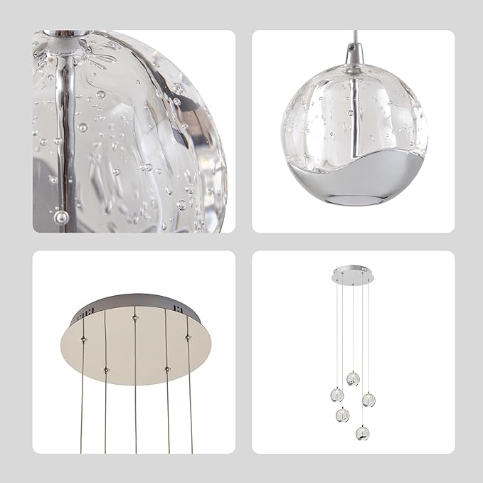5-Light Modern Chrome Glass Globe Chandelier, Hanging Cluster Pendant Light Kitchen Island & Foyer Chandelier, Warm White 3000K, Chrome Pendant Lights Cluster, Ø 11.03 in