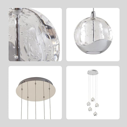 5-Light Modern Chrome Glass Globe Chandelier, Hanging Cluster Pendant Light Kitchen Island & Foyer Chandelier, Warm White 3000K, Chrome Pendant Lights Cluster, Ø 11.03 in