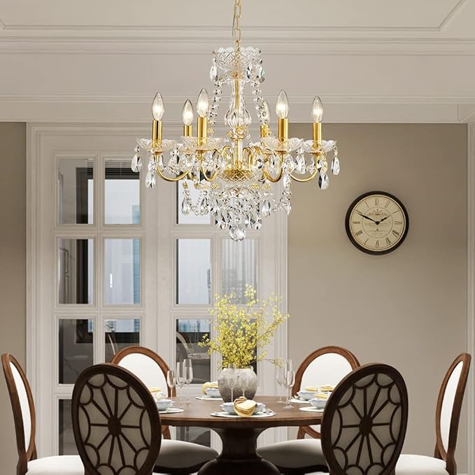 AGV LIGHTING Crystal Chandeliers Light Fixture, Mid-Century Style, Perfect for Living Space, 6-Light Sockets, D21 x H20, Adjustable Chains 59", Shinny Gold Frame