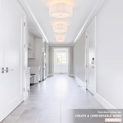 Semi Flush Mount Ceiling Light, White Linen Fabric Shade Ceiling Light, Modern Farmhouse Close to Ceiling Light for Bedroom, Hallway, Living Room, Dining Room, Laundry Room