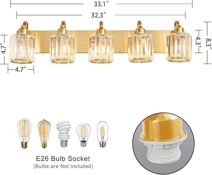 Modern Crystal Bathroom Vanity Light 5 Lights Crooked Gold Over Mirror Wall Lighting Fixture with Round Shade (Exclude Bulb)