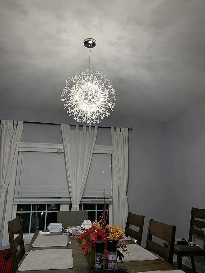 Modern Dandelion Firework Chandelier, Chrome Dining Room Chandelier, Crystal Hanging Pendant Lighting Fixture for Living Room, Bathroom, Bedroom, Entryway, 12-Light