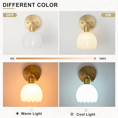 Hardwired Wall Sconce Light, Vintage Wall Sconce with Switch, Gold Wall Light Fixture with Tulip Milk White Glass Lampshade, Indoor Wall Light for Bedroom Bathroom, Bedside Wall Lamp