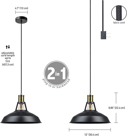 GLOBE Electric 65712 Robin 1-Light Plug-in or Hardwire Pendant, Satin Black, Antique Brass Accents, 15ft Black Woven Fabric Cord, in-Line On/Off Rocker Switch