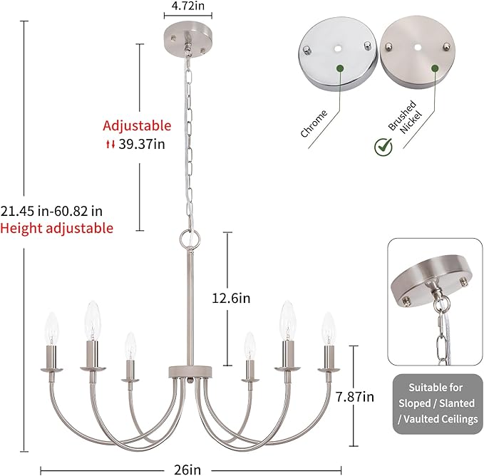 6-Light Farmhouse Chandelier for Dining Room, Brushed Nickel Dining Room Light Fixtures, Industrial Vintage Candle Chandeliers for Living Room, Bedroom, Foyer, Kitchen, Entryway