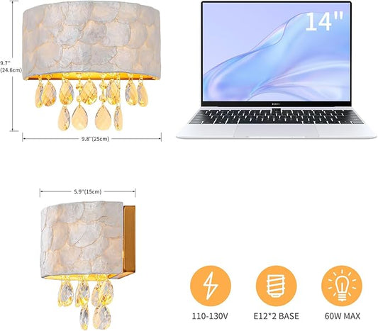 LumFurn 2-Light Capiz Shell Crystal Wall Sconces, Coastal Design Indoor Wall Lamp, Vanity Wall Mount Light Fixture for Bathroom, Hallway, Bedroom, Shell Lampshade, Crystal Pendants & Gold Finish