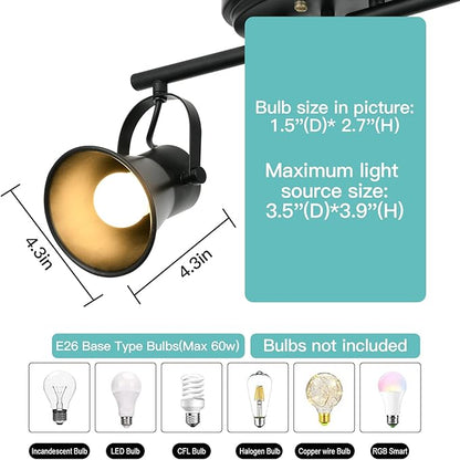 4-Light Track Lighting Kit, Directional Ceiling Light, Industrial Black Kitchen Track Lighting Fixtures Ceiling for Kitchen, Living Room, Dining Room, Hallway.