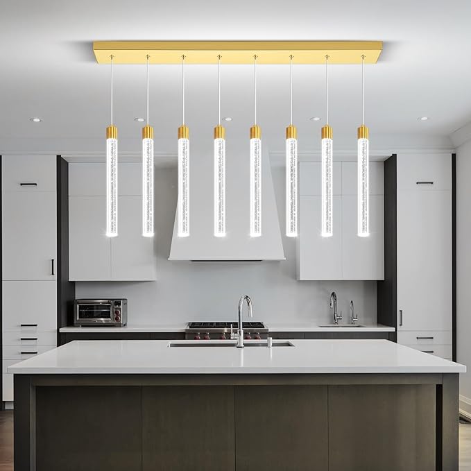 Modern Rectangular Crystal Chandelier LED Dimmable Crystal Column Chandelier Living Room Crystals Pendant Light for Dining Room Adjustable Height 8-Light Gold