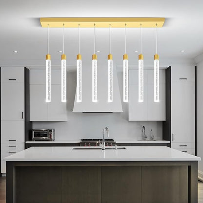 Modern Rectangular Crystal Chandelier LED Dimmable Crystal Column Chandelier Living Room Crystals Pendant Light for Dining Room Adjustable Height 8-Light Gold
