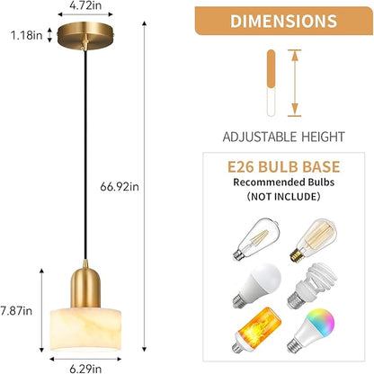 Natural Stone Pendant Lights Kitchen Island, White Pendant Light Fixtures, Pendant lamp Marble Cylinder Shade Copper, for Bedroom Bathroom Dining Room Living Room(1-Pack)