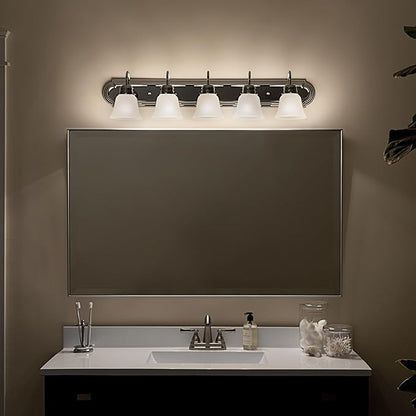 Kichler 5-Light Bathroom Vanity Light Fixture, 36" Traditional Design with Satin Etched Glass Shades in Tannery Bronze for Over Mirror Lighting (36" x 8" x 8"), 5339CHS