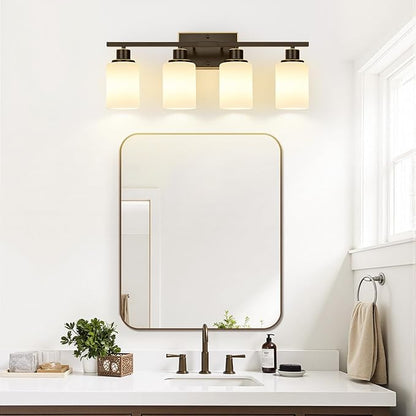 Indoi 4-Light Bathroom Light Fixtures, Brown and Gold Vanity Lights with Milk Glass Shades, Modern Bathroom Wall Lamp for Mirror Living Room Bedroom Porch