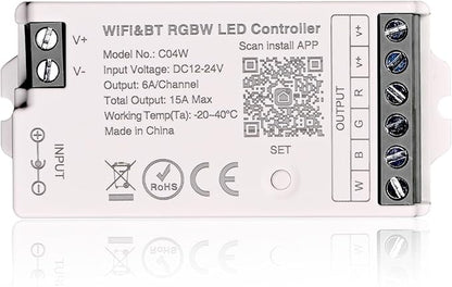 C04W RGBW LED Controller, Tuya WiFi 2.4G RF, 5Pin PWM for SMD FCOB Strip, APP & Voice Control, Compatible with Alexa Google Home, Compatible with WR01RF RC03RFB RC04RFB RC05RFB Remote