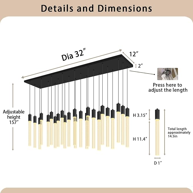 24-Light Rectangular Crystal Chandelier, Large Black Bubble Crystal Column Pendant Light, Adjustable Height Hanging Chandeliers for Kitchen Island, Living Room, Foyer