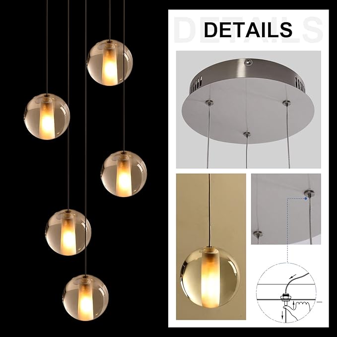 5 Lights Foyer Chandeliers for High Ceilings Raindrop Crystal Ball Chandelier Dimmable LED Entryway Pendant Light Hanging for Dining Room Kitchen Island Hallway, Include Bulbs (Nickel)