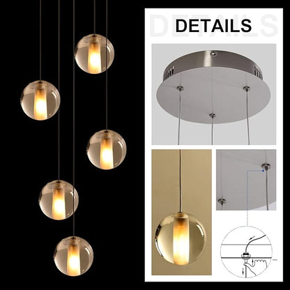 5 Lights Foyer Chandeliers for High Ceilings Raindrop Crystal Ball Chandelier Dimmable LED Entryway Pendant Light Hanging for Dining Room Kitchen Island Hallway, Include Bulbs (Nickel)