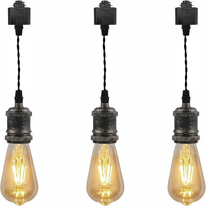 Kiven H-Type Track Lighting Pendants,Industrial h Track Pendant Lights with 7 Inch Cord Length Black Weave Rope,3 Pack Track Lighting Fixture,Rusty Gold Finish