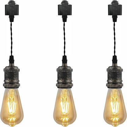 Kiven H-Type Track Lighting Pendants,Industrial h Track Pendant Lights with 7 Inch Cord Length Black Weave Rope,3 Pack Track Lighting Fixture,Rusty Gold Finish