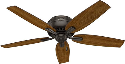 Hunter 52 inch Indoor Ceiling Fan with LED Light - Bronze Ceiling Fan with Pull Chain, For Bedroom or Living Room, Low Profile Flush Mount, No Remote, 5 Blades - Newsome 53314, Premier Bronze