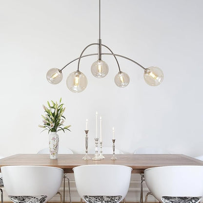 Mid Century Modern Sputnik Chandelier with Glass Globe Cognac Shade Adjustable 5 Light Silver Chandelier for Dining Room Kitchen Bedroom