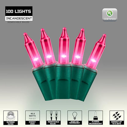 100LIGHTS PINK Extra-Bright With End Connectors Christmas Decorative Lights 5.98m UL Certified Mini String Light Set Waterproof for Home Garden Holiday Christmas Tree Party Patio Decor Wedding