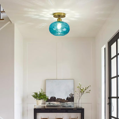 Luafac Blue Glass Semi Flush Mount Ceiling Light - 2 Pack,7.9 Inch Hammered Glass Small Hallway Light fixtures, Vintage Gold Art Deco Flush Mount Ceiling Light for entryway Foyer Laundry Room Kitchen