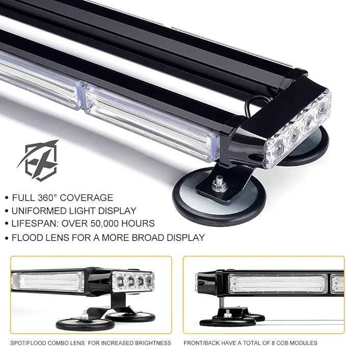 Xprite 26" COB LED Strobe Rooftop Flashing Light Bar, Double Side Hazard Warning Beacon Safety Police Lights w/Magnetic for Emergency Vehicles Trucks Cars Volunteer Traffic Security Blue