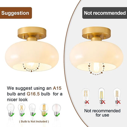 WOKNOS Mid-Century Modern Gold Semi Flush Mount Ceiling Light, Kitchen Ceiling Light Fixture with Glass Shade, Mini White Close to Ceiling Lamp for Entryway Hallway Bathroom (8.66 Inch)