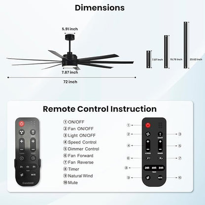 Modern Ceiling Fans with Lights, 72 Inch Ceiling Fan with Light and Remote, Bedroom Living Room Library Cafe Outdoor/Industrial,24W 3CCT Dimmable, 8 Blades 6 Speed Reversible Quiet DC Motor, Black
