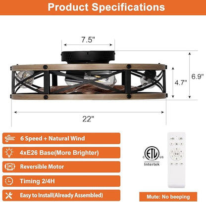 SHLUCE 22" Low Profile Caged Ceiling Fan with Light, Farmhouse Flush Mount Bladeless Ceiling Fans with Lights and Remote, Rustic Fandelier Ceiling Fan with Light for Kitchen, Bedroom - ETL