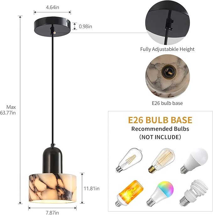 Natural Stone Pendant Lights Kitchen Island, Black Pendant Light Fixtures, Pendant lamp Marble Cylinder Shade Brass with Black Rubbed Gold Finish for Bedroom Bathroom Dining Room Living Room