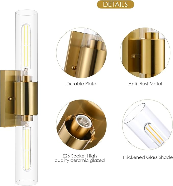 Wall Sconces Set of Two, Gold Bathroom Sconces Wall Lighting with Clear Glass Modern Sconces Wall Light Set of 2 Bathroom Light Fixtures Vanity Light for Bedroom Washroom Hallway Living Room