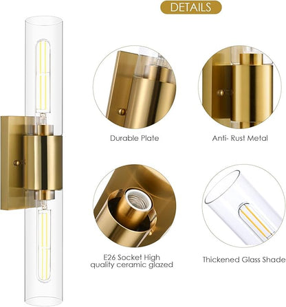 Wall Sconces Set of Two, Gold Bathroom Sconces Wall Lighting with Clear Glass Modern Sconces Wall Light Set of 2 Bathroom Light Fixtures Vanity Light for Bedroom Washroom Hallway Living Room