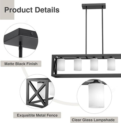 Black White Dining Room Light Fixture - 5 Light Rectangle Light Fixtures with Milk White Glass Shade & Adjustable Height & Thickened Metal Dining Table Lights Fixture Chandeliers for DiningRoom