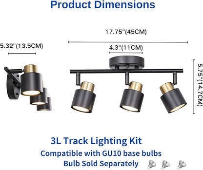 3 Light Track Lighting Kit, Matte Black Brass Finish 3 Way Adjustable with GU10 Modern Ceiling Directional Spot Lighting for Kitchen,Bedroom,Living Room