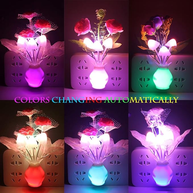 4 Pack Mushroom Night Light, Red Rose Tulip Flowers Plants Plug-in Mushrooms Colors Changing Nightlight Colorful LED Wall Lamp Little Night Lights for Bathroom Bedroom Kitchen Living Room