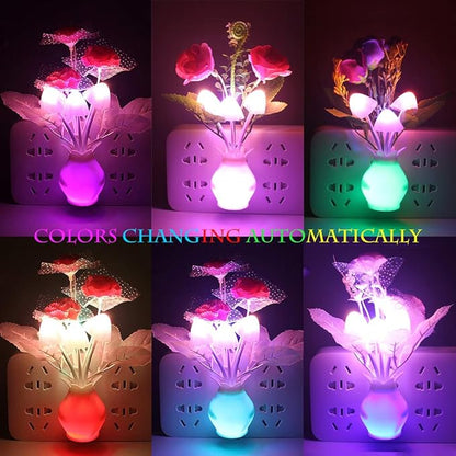 4 Pack Mushroom Night Light, Red Rose Tulip Flowers Plants Plug-in Mushrooms Colors Changing Nightlight Colorful LED Wall Lamp Little Night Lights for Bathroom Bedroom Kitchen Living Room