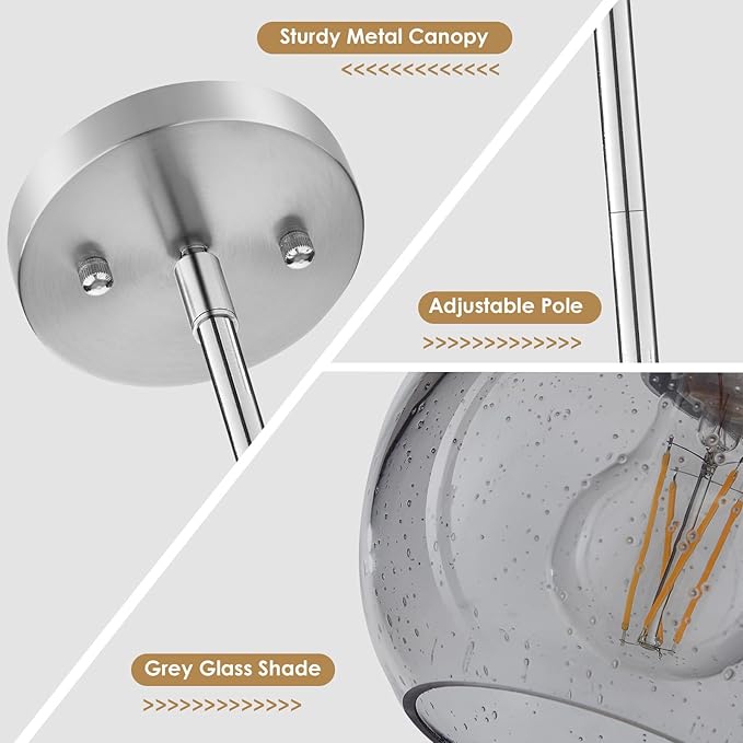 Pendant Lights Kitchen Island 2 Pack, Grey Seeded Glass Pendant Light Fixtures & Adjustable Rods, Brushed Nickel Kitchen Island Lighting, Modern Island Lights for Kitchen Dining Room E26 Base