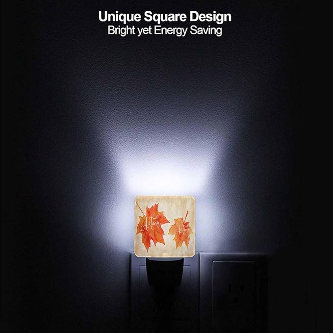 LED Night Light Plug into Wall with Dusk to Dawn Light Sensor White Energy Efficient Orange Watercolor Autumn Maple Leaves Nightlight for Bedroom Bathroom Hallway Living Room Kitchen